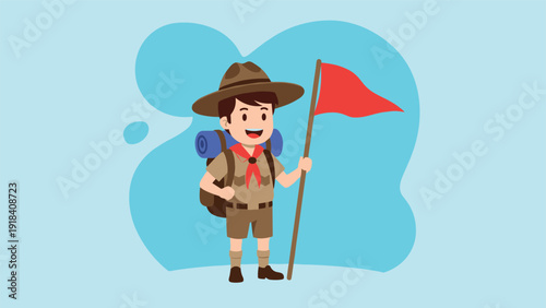 Cheerful young boy scout with a backpack, proudly holding a red flag, embodying adventure, readiness, and a spirit of exploration, on a blue background.