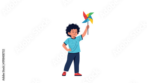 Happy young boy with curly hair joyfully holding a colorful pinwheel, standing confidently with a hand on his hip.