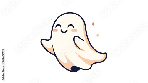 Adorable cartoon ghost with a happy, smiling face and small sparkling details, gently floating and radiating a cheerful aura.