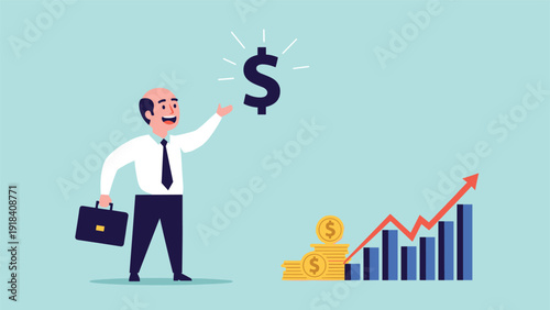 Happy businessman celebrating significant financial growth, reaching for a dollar sign amidst rising bar charts and stacks of gold coins.