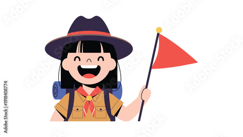 Happy young girl scout with a backpack, holding a red flag, embodying adventure, readiness, and a spirit of exploration.