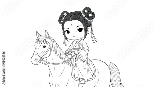 Elegant outline drawing of a girl in traditional Chinese attire, gracefully riding a horse, depicted in a monochrome style.