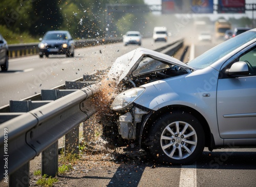 A silver automobile is heavily damaged after colliding with a metal highway guardrail, with debris scattering from the impact.