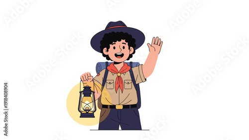 Cheerful boy scout with a backpack and hat, waving hello and holding a lit lantern, ready for an evening camping adventure.