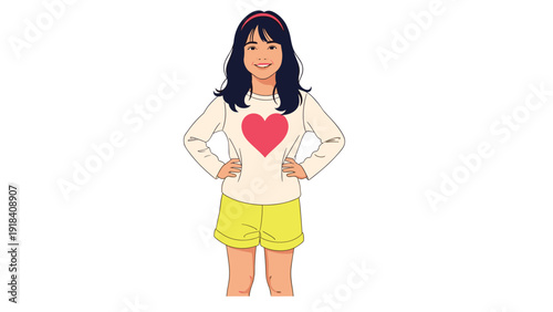 Confident young girl with a cheerful smile and hands on hips, wearing a shirt with a large pink heart, symbolizing love and happiness.