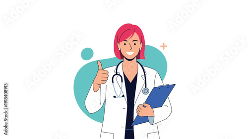 Confident female doctor with pink hair wearing a lab coat, holding a clipboard and giving a thumbs up, symbolizing excellent healthcare, trust, and professional service.