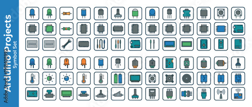Vector Icon Set of Arduino and Microcontroller Project Parts Featuring Electronic Components Like Sensors, Boards, Modules, Resistors, LEDs, and Motors in a Flat Minimalist Geometric Design Style.