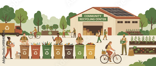 Flat vector illustration of a community recycling center with volunteers sorting waste into bins for paper, plastic, glass, metal, compost, and textiles. Sustainable living and eco-friendly concept.
