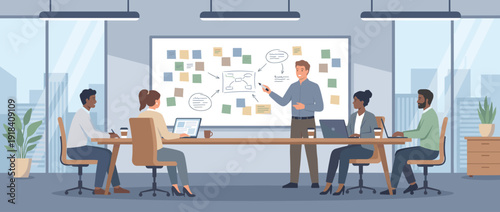 Professional business team collaborating in a modern office brainstorming session. A man presents ideas on a whiteboard with sticky notes while diverse colleagues discuss strategy at a table.