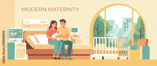 Flat vector illustration of a modern maternity ward with a newborn baby and happy parents. A mother and father sit on a hospital bed in a cozy, warm room with medical equipment and a city view.