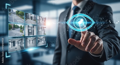 Businessman hand touching a virtual eye icon to monitor surveillance feeds and ensure visual security.