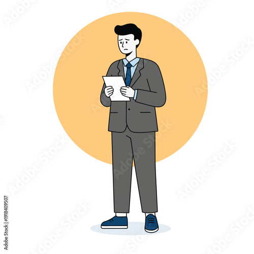 Professional character receiving bad news or reviewing a failing report. Concept of bankruptcy, termination letter, or disappointing business results in flat design.