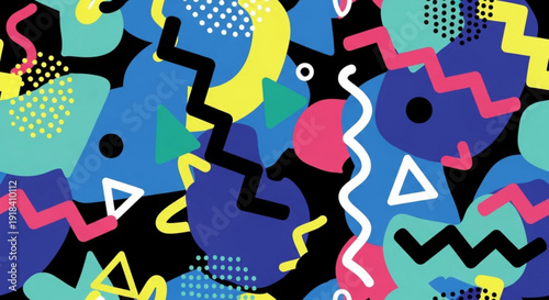 Vibrant abstract background with colorful memphis inspired shapes and patterns in blue pink yellow and green hues on black
