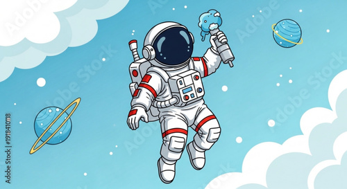Astronaut floating in space holding a whisk with planets and clouds around cartoon style illustration
