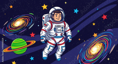 Astronaut in white spacesuit floating in outer space surrounded by colorful stars and planets in a vibrant cartoon illustration