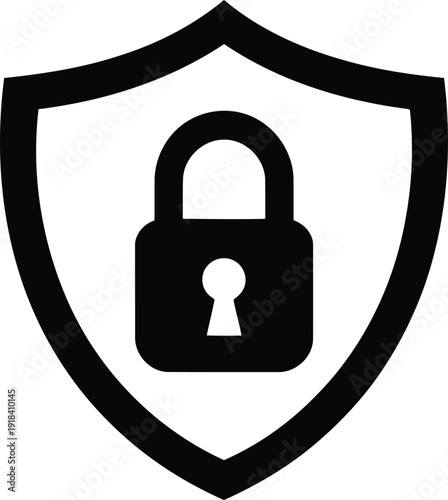 Black security shield icon with padlock symbol for protection and privacy concept art