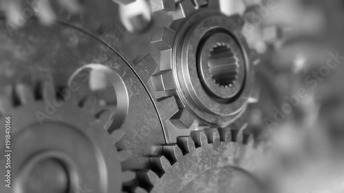 Interconnected metal gears in a complex mechanical system together animation