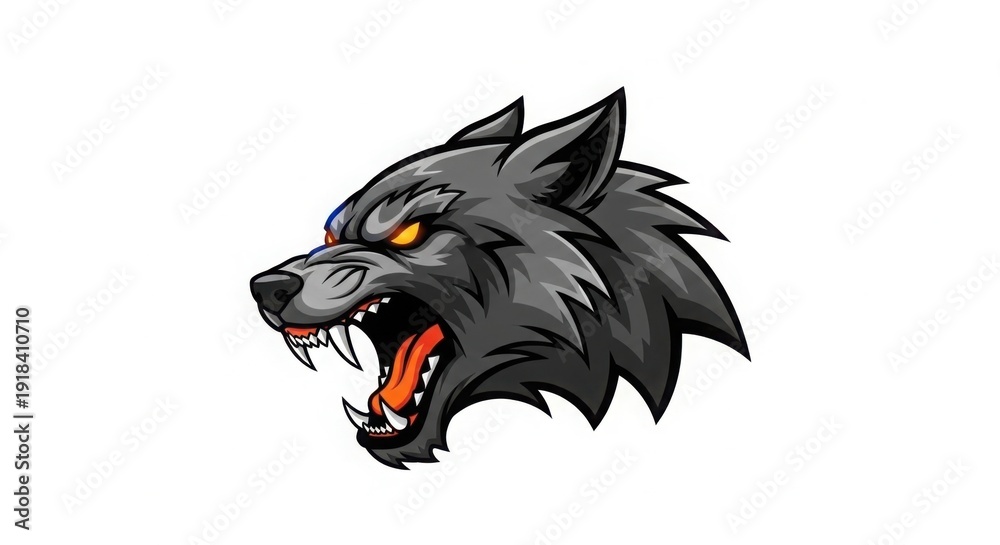 Obraz premium Fierce Black Wolf Head with Glowing Eyes, Aggressive Expression, Isolated on White