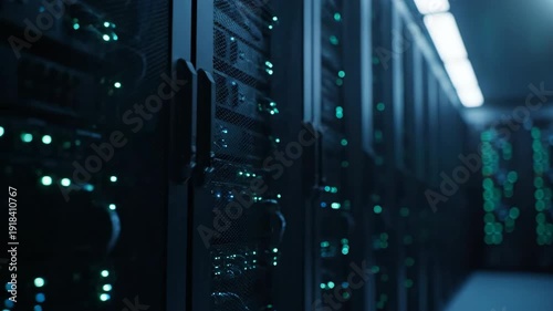 A dark server room perspective shot with rows of racks and blinking green lights suggesting technology and data processing.