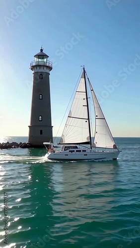 Wallpaper Mural Sailboat Navigating Calm Waters Past a Historic Lighthouse on a Sunny Day. Torontodigital.ca