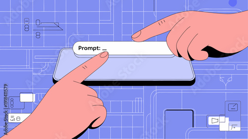 An illustration depicts two hands interacting with a digital interface highlighting a prompt box on a blue architectural blueprint background high quality professional detailed modern elegant