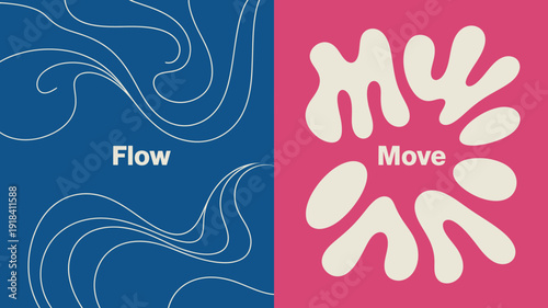 A vibrant split screen design features abstract waves on a blue side and organic shapes with text on a pink background high quality professional detailed modern