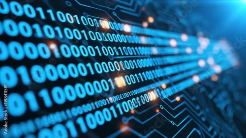 Abstract digital stream of blue binary code flowing through illuminated circuit board lines with orange glowing accents, representing technology and data processing.