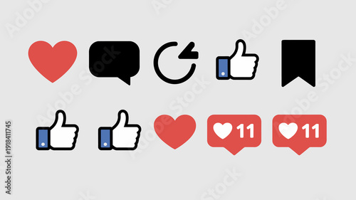 A collection of facebook reaction icons are displayed including hearts likes comments shares and notification bubbles with counts high quality professional detailed modern elegant stylish clean
