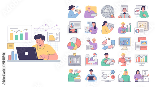 A collection of colorful flat vector icons depicting various aspects of business technology and modern work life including data analysis and communication high quality professional detailed