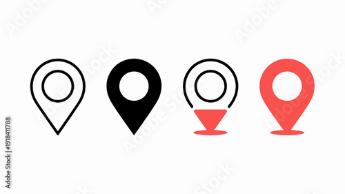 Four location pin icons are displayed showcasing variations in color and fill black outline solid black red outline and solid red high quality professional detailed modern