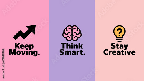 A vibrant triptych displays motivational icons and text a rising graph a brain and a lightbulb each promoting positive action high quality professional detailed modern elegant