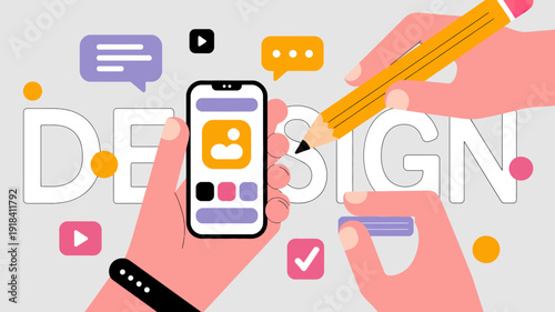 A hand digitally illustrates on a smartphone screen surrounded by various messaging and social media icons representing modern communication high quality professional detailed elegant stylish clean
