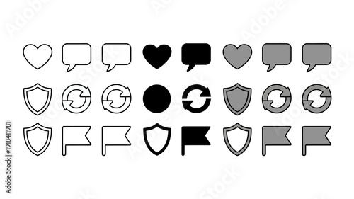 A collection of monochrome icons depicts various communication and social media symbols including hearts speech bubbles and circular designs high quality professional detailed modern elegant stylish