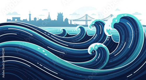 Large ocean waves crash against city skyline with bridge urban waterfront scene with dark blue sea