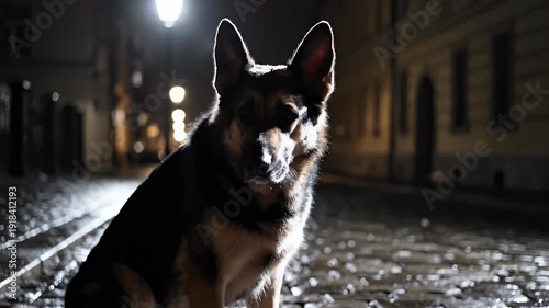 German Shepherd dog sitting patiently on a dark city street at night