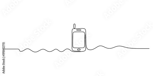 One line drawing of a mobile phone icon integrated into a continuous wavy horizontal line Vector, illustration