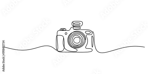 A single continuous line drawing of a digital dslr camera isolated on a white background. Vector, illustration