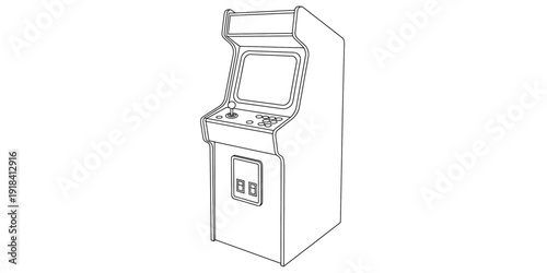 A minimalist black and white line drawing of a classic retro arcade game machine cabinet. Vector, illustration