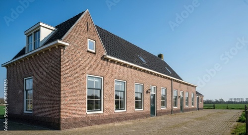 A two-story brick building with multiple windows and a long tiled roof in a rural setting