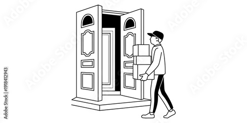 A delivery person carrying a stack of cardboard boxes towards an open front door of a house. Vector, illustration