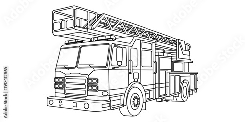 Line drawing of a modern fire engine truck equipped with an extendable ladder and bucket Vector, illustration