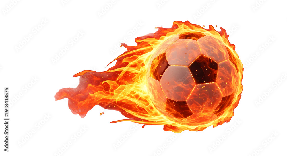 Fototapeta premium Fiery Football in Flight: A soccer ball ignites with a fiery passion, its trajectory a blaze of energetic determination, symbolizing intense competition.