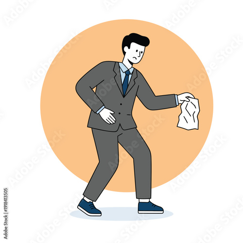 Concept of business failure, rejected ideas, and disappointment. Professional character throwing away a bad plan or facing bankruptcy in minimalist style.