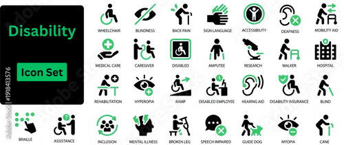 Silhouette vector of Disability icon set. Icons of wheelchair user, guide dog, hearing aid, ramp and more. Solid icons set. 