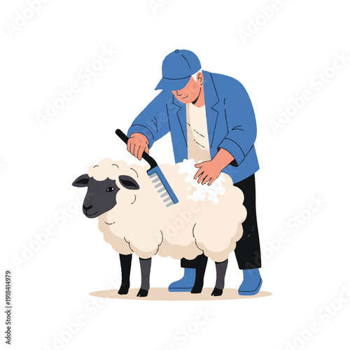 Farmer Grooming Sheep with Comb.