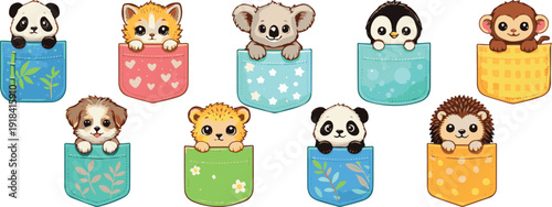 Cute animals in colorful pockets set with panda, cat, koala, penguin, dog, lion and monkey vector