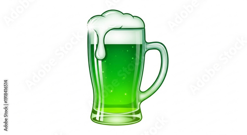 Green beer mug with foam on a white background