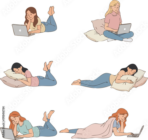 Vector Set of Six Illustrations of Young Women Relaxing at Home, Using Laptops and Sleeping on Pillows, Flat Cartoon Style for Freelance, Education, and Remote Work Concept Designs
