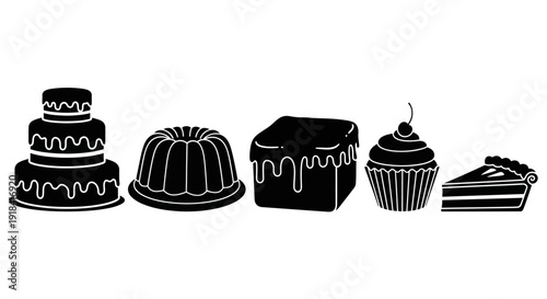 Diverse selection of confectionery delights and baked treats presented as elegant monochrome silhouettes perfect for design projects and culinary themes