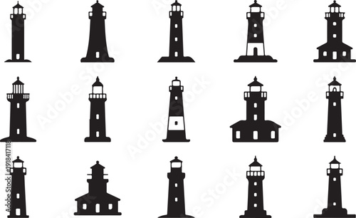 Array of black lighthouse silhouettes in diverse architectural styles on a white background beacon navigation